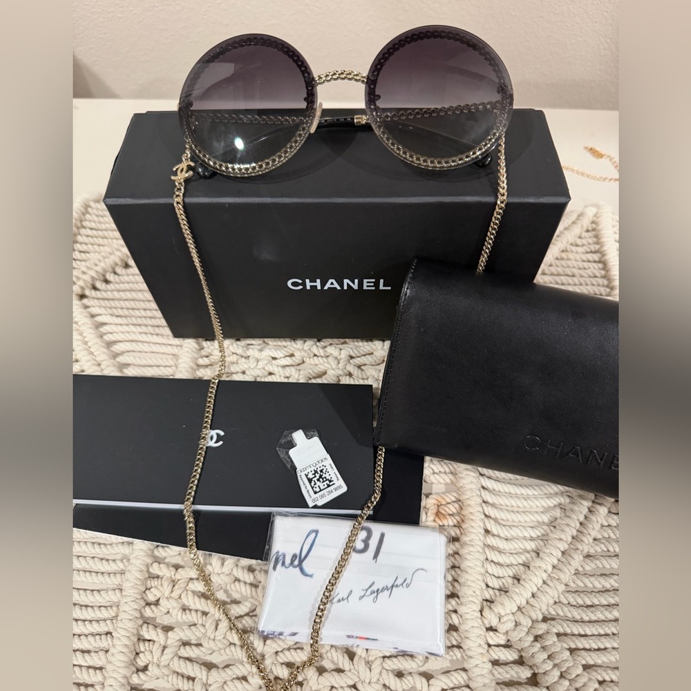 Chanel Gold-Chain Round Sunglasses with Black Gradient Lenses